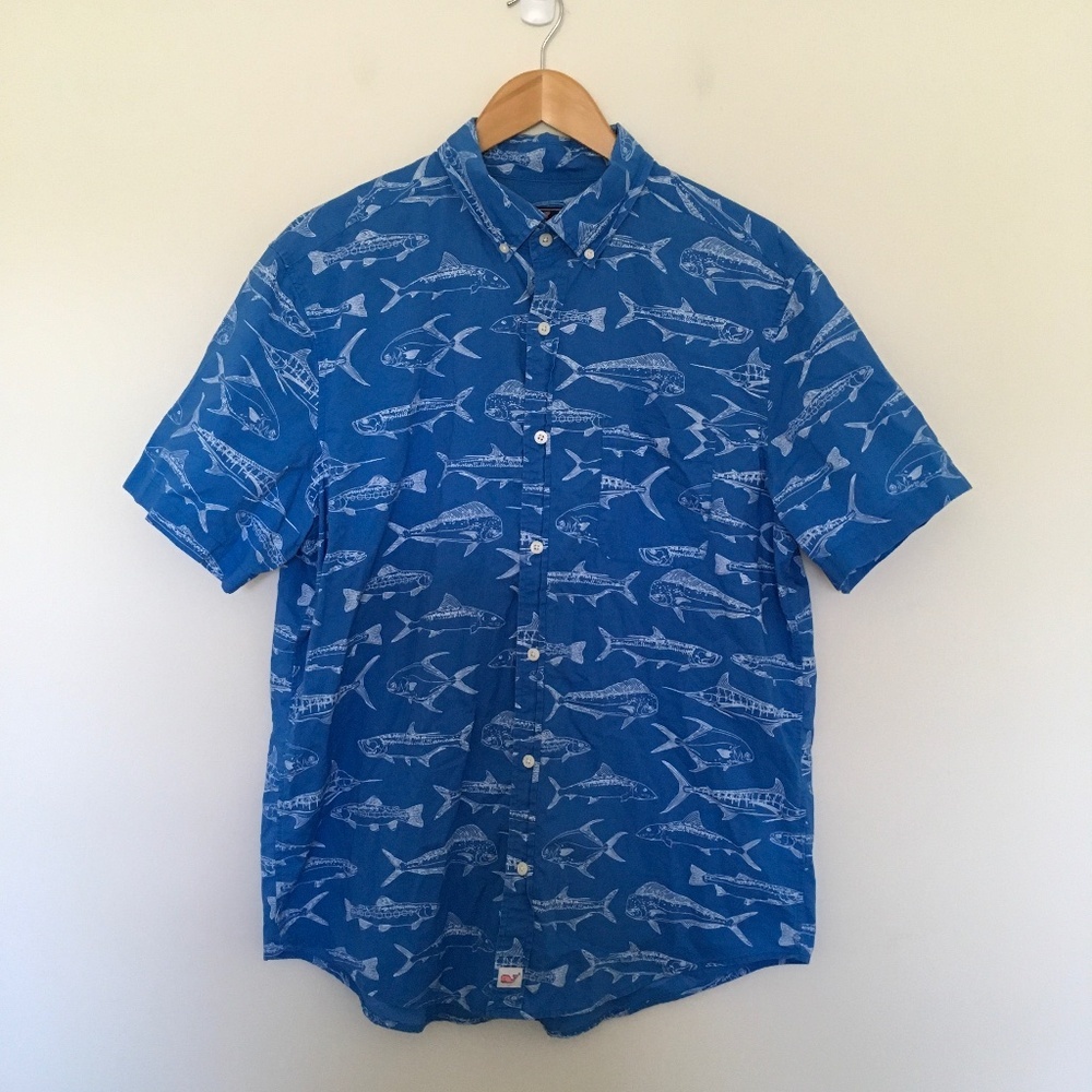 Vineyard Vines Mens L Classic Fit Murray Shirt Fish Outlines Hull Blue Nautical